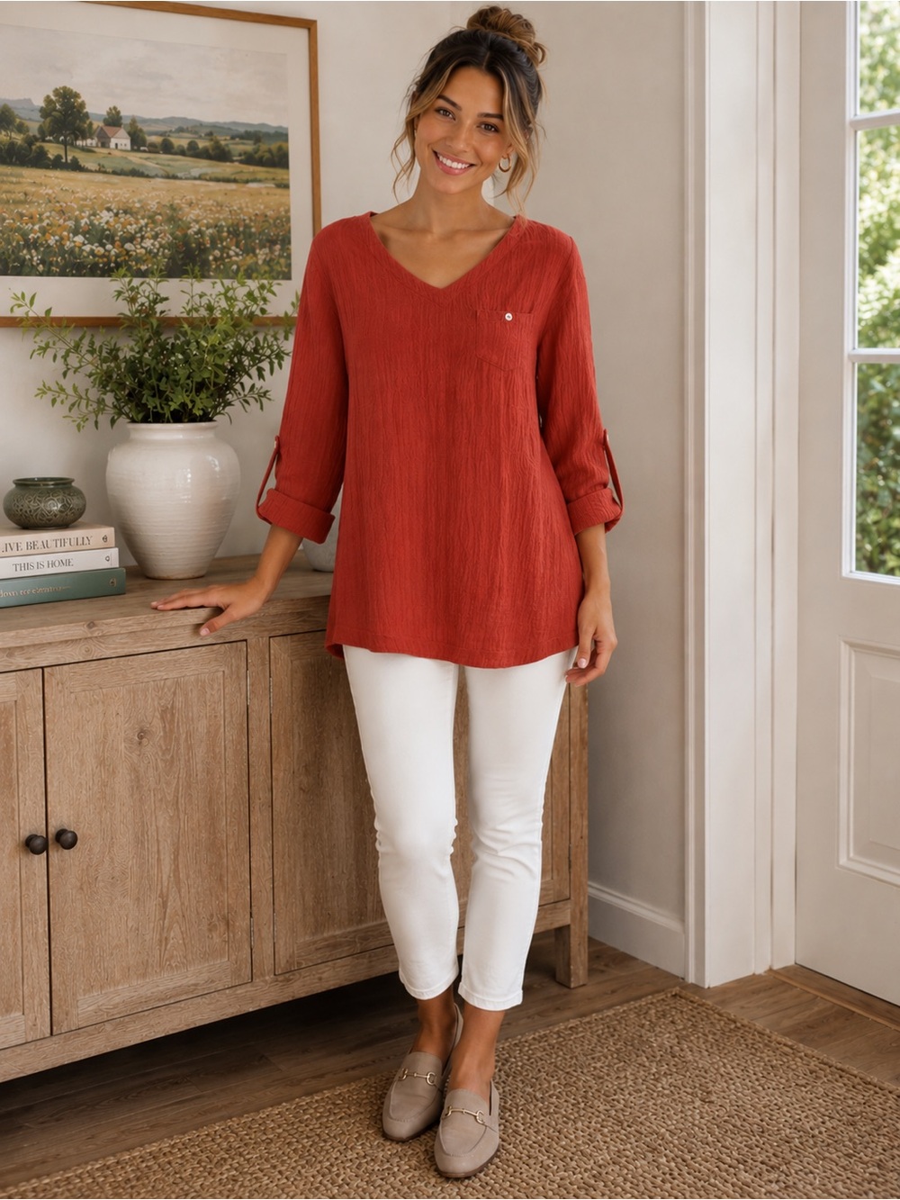 Soft Surroundings Topanga Linen Cotton Gauze Tunic Rust Orange V Neck XS